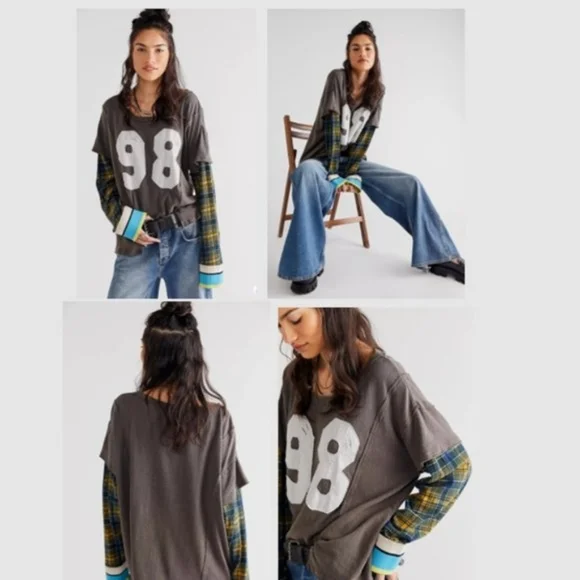 Sold We The Free People TYLER mix Media Tee Top 98 Plaid Sleeve nwt - Picture 7 of 15